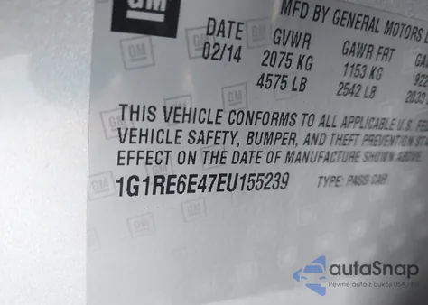 2014 Chevrolet Volt из США, поврежденный, VIN 1G1RE6E47EU155239